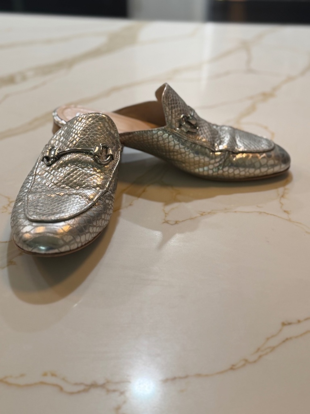 Metallic Snake-Embossed Silver Mule with Bit Detail